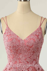 Pink A-line Double Straps V Neck Lace-Up Applique Mini Homecoming Dresses