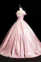 Pink A-Line Off Shoulder Satin Long Evening Prom Dresses, Beautiful A-Line Off The Shoulder Party Dresses