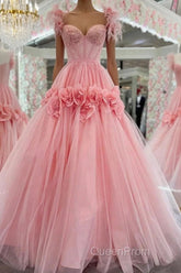 Pink A-Line Off The Shoulder Lace Tulle Long Evening Prom Dresses, Sweet 16 Dresses