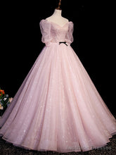 Pink A Line Puffy Sleeves Tulle Long Prom Dress, Pink Sweet 16 Dress
