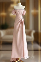 Pink A-Line Satin Long Evening Prom Dresses, Off Shoulder Pink Long Evening Dresses