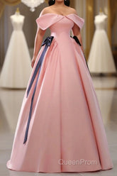 Pink A-Line Satin Off Shoulder Long Evening Prom Dresses, Pink Formal Evening Dresses