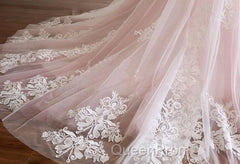 Pink A Line Spaghetti Strap Tulle Beaded Long Evening Prom Dresses Sweet Applique Wedding Dresses