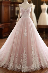 Pink A Line Spaghetti Strap Tulle Beaded Long Evening Prom Dresses Sweet Applique Wedding Dresses