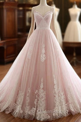 Pink A Line Spaghetti Strap Tulle Beaded Long Evening Prom Dresses Sweet Applique Wedding Dresses