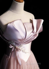 Pink A-Line Strapless Satin Tulle Long Evening Prom Dresses Graduation Evening Prom Birthday Dresses