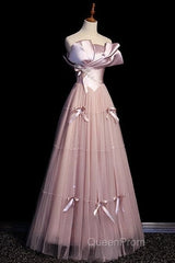 Pink A-Line Strapless Satin Tulle Long Evening Prom Dresses Graduation Evening Prom Birthday Dresses