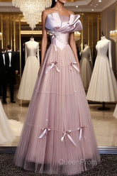 Pink A-Line Strapless Satin Tulle Long Evening Prom Dresses Graduation Evening Prom Birthday Dresses