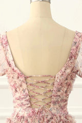 Pink A-Line Tulle Pleated Floral Long Evening Prom Dresses Adult Ceremony Graduation Evening Prom Dresses