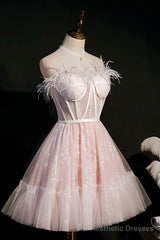 Pink A-Line Tulle Short Prom Dress with Feather, Pink Strapless Party Dress