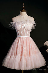 Pink A-Line Tulle Short Prom Dress with Feather, Pink Strapless Party Dress