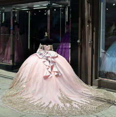 Pink Ball Gown Tulle Off-the-Shoulder Quinceanera Dresses with Sequins