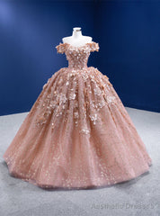 Pink Ball Gown Tulle Sequins 3D Appliques Prom Dress