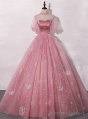 Pink Ball Gown Tulle Short Sleeve Beading Quinceanera Dress