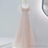 Pink Beaded Tulle Short Sleeves Long Party Dress, Pink Sweet 16 Dresses