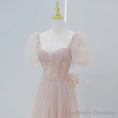 Pink Beaded Tulle Short Sleeves Long Party Dress, Pink Sweet 16 Dresses