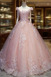 Pink Cap Sleeves Ball Gown Tulle With Lace Sweet 16 Evening Prom Dresses, Long Quinceanera Dresses