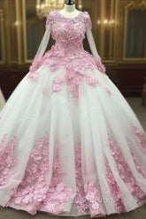 Pink Floral Flowers Long Sleeves Organza Wedding Dresses Ball Gowns