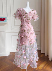 Pink Flowers Lace Short Sleeves Party Dresses, Pink 3D Flowers Party Dresses