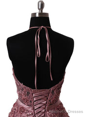 Pink Halter Lace-up Long Formal Gown, Pink Party Dresses