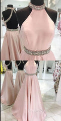Pink High Neck Long Evening Prom Dresses, Pink Backless Evening Dresses