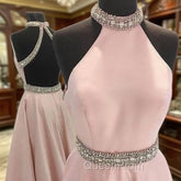 Pink High Neck Long Evening Prom Dresses, Pink Backless Evening Dresses