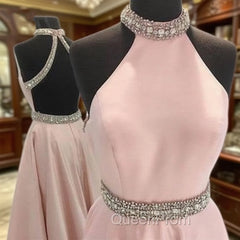 Pink High Neck Long Evening Prom Dresses, Pink Backless Evening Dresses