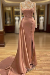 Pink High Neck Long Sleeves Sheer Beading Evening Prom Formal Dresses