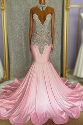 Pink High Neck Mermaid Beading Satin Evening Prom Dresses