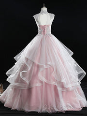Pink high neck tulle lace long Evening Prom Dresses, pink sweet 16 Dresses
