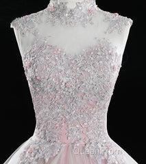 Pink High Neck Tulle Lace Long Evening Prom Dresses, Pink Sweet 16 Gown