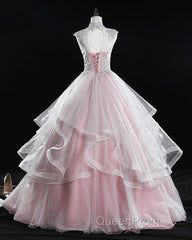 Pink High Neck Tulle Lace Long Evening Prom Dresses, Pink Sweet 16 Gown