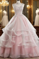 Pink High Neck Tulle Lace Long Evening Prom Dresses, Pink Sweet 16 Gown