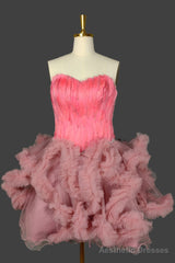 Pink Homecoming Dresses Sweetheart Neck Short Prom Dresses A Line Party Dress with Feather