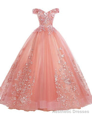 Pink Lace Flower Off Shoulder Sweet 16 Dress, Pink Long Prom Dresses Quinceaner Dress