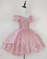 Pink Lace Homecoming Gown with Beading,Princess Off the Shoulder Hoco Dresses