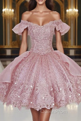 Pink Lace Homecoming Gown with Beading,Princess Off the Shoulder Hoco Dresses