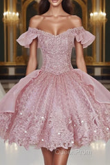 Pink Lace Homecoming Gown with Beading,Princess Off the Shoulder Hoco Dresses