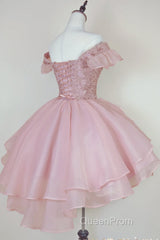 Pink Lace Homecoming Gown with Beading,Princess Off the Shoulder Hoco Dresses