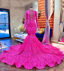 Pink Lace Sexy Fitted Mermaid Style Long Sleeve High Neck African Black Girls Long Prom Dresses