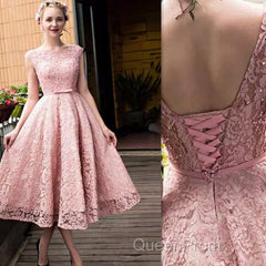 Pink Lace Tea Length Formal Dresses, Beautiful Pink Evening Prom Dresses, Lovely Party Dresses