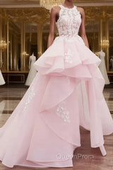 PinK lace tulle long Evening Prom Dresses, pink tulle evening Dresses
