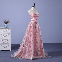 Pink Long A-Line Flowers Evening Dresses, Pink Party Dresses Evening Prom Dresses