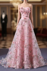 Pink Long A-Line Flowers Evening Dresses, Pink Party Dresses Evening Prom Dresses