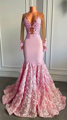 Pink Long Sleeves Lace Evening Prom Dresses Mermaid Tulle Evening Formal Gown