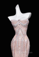 Pink Mermaid Strapless Tulle Diamond Long Evening Prom Dresses Sweet Wedding Dresses Formal Dresses