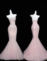 Pink Mermaid Strapless Tulle Diamond Long Evening Prom Dresses Sweet Wedding Dresses Formal Dresses