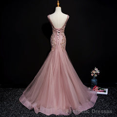Pink Mermaid Tulle Long Evening Dress with Lace, V-neckline Floor Length Prom Dress