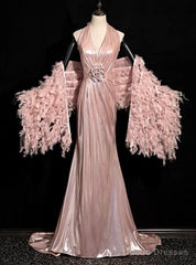 Pink Mermaid V-neck Pleats Flower Prom Dress