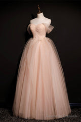 Pink Off Shoulder Beaded Tulle Long Party Dresses, Pink A-line Formal Dresses Prom Dress